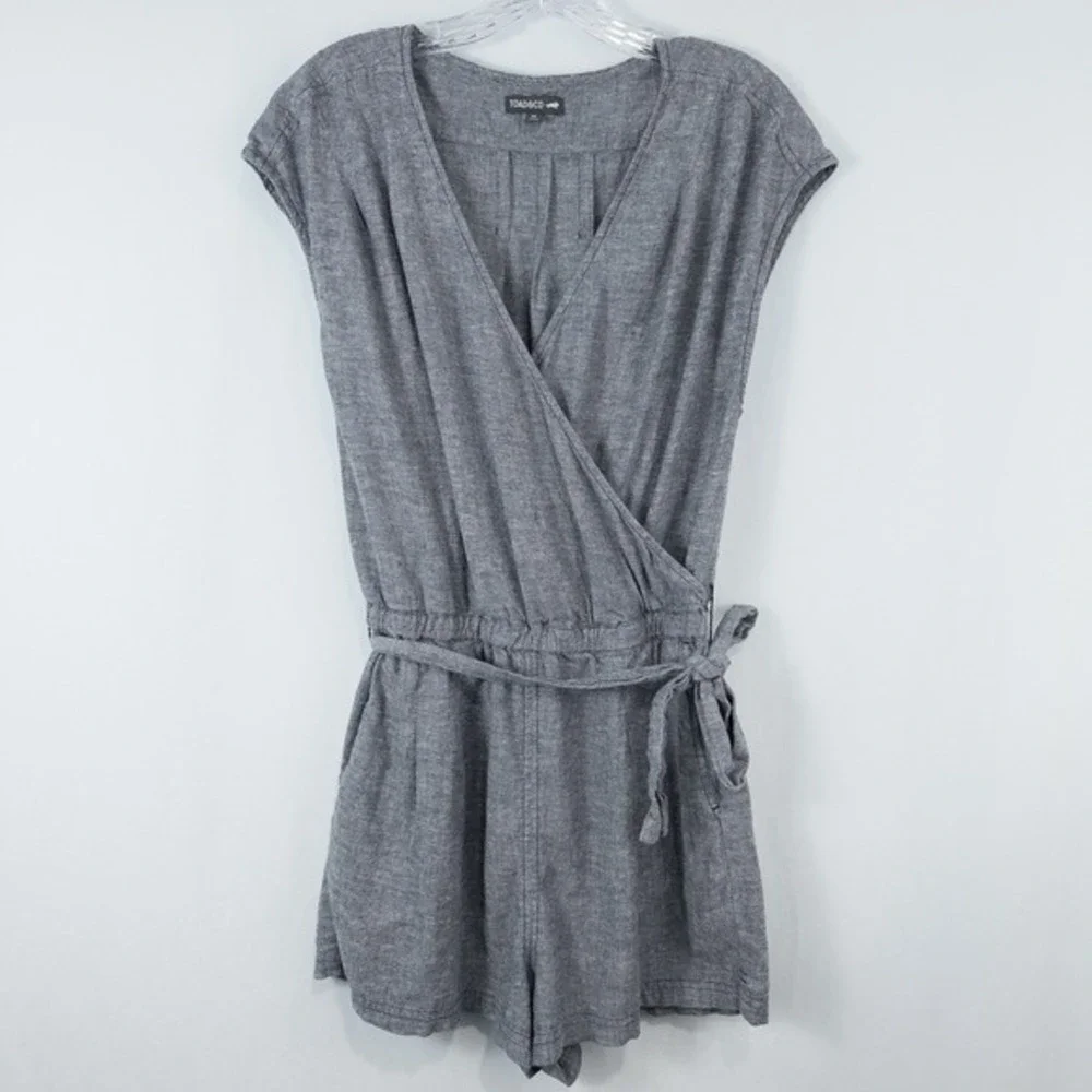 Toad & Co Tara Hemp Romper Medium V Neck Faux Wrap Blue Gray Minimalist Granola